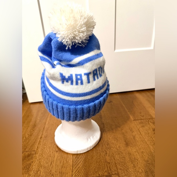 Vintage 80s Matador Acrylic Chunky Knit Beanie Winter Hat Spell Out Logo Blue - Picture 2 of 5
